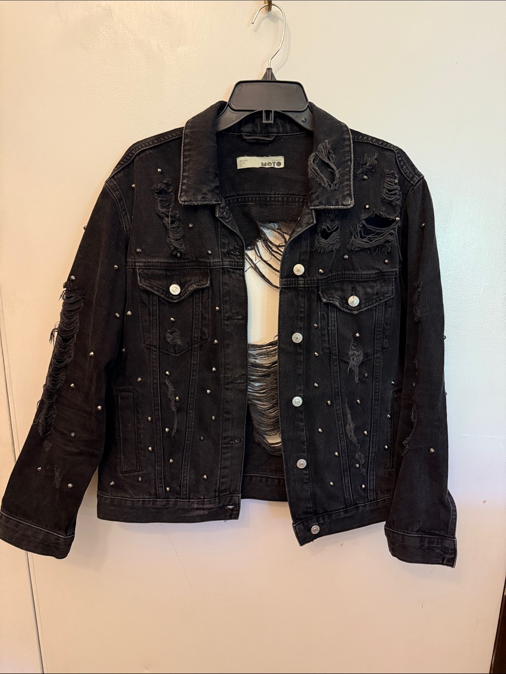 Topshop Black Distressed Studded Denim Jacket